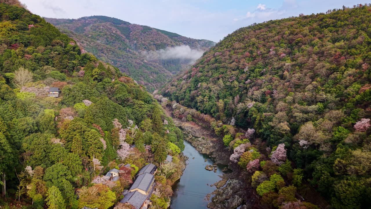 Aerial drone view of the Katsura River in Arashiyama, Japan in daylight