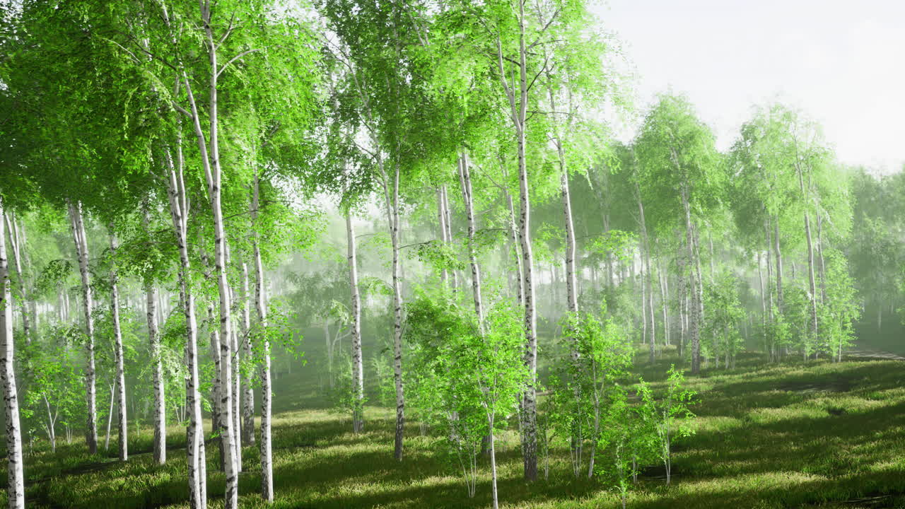 Lush green birch trees thrive in a serene forest during a tranquil morning