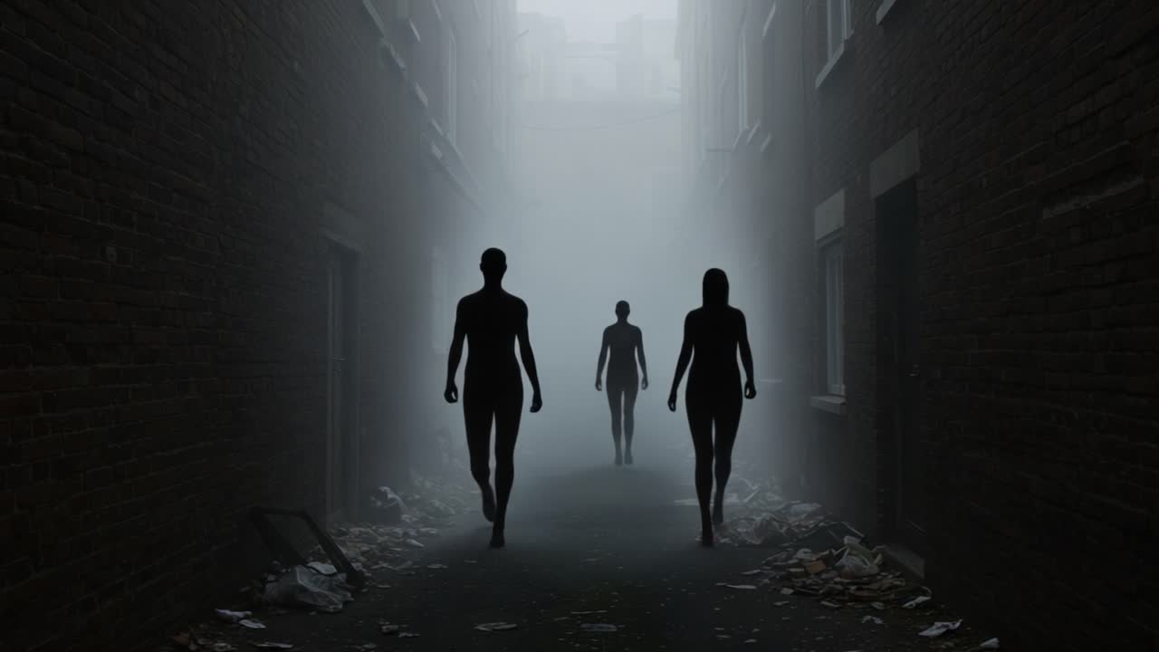 Eerie Figures Advancing Through a Foggy Alleyway, Conjuring an Atmosphere of Mystery and Unease Amidst the Debris-Littered Environment