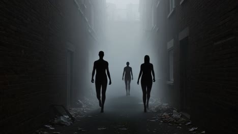 eerie figures advancing through a foggy alleyway, conjuring an atmosphere of mystery and unease amidst the debris-littered environment