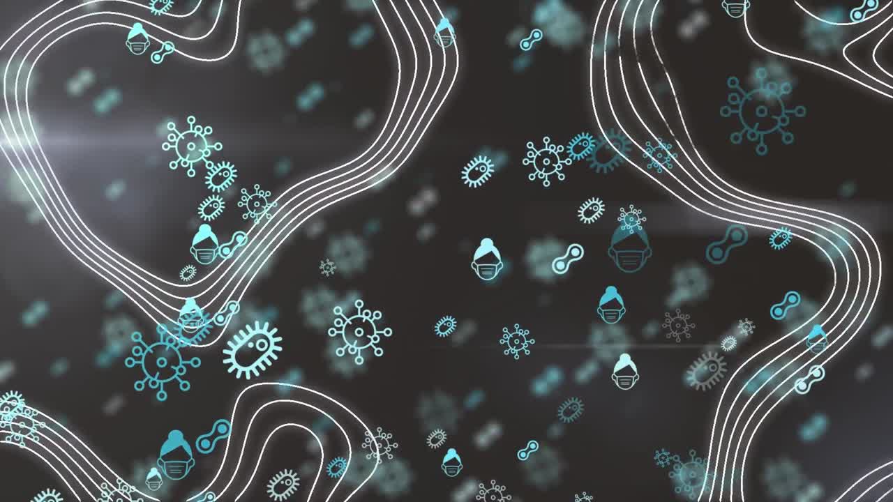 검은색 배경의 선 지도 위에 떨어지는 여러 코로나19 세포의 애니메이션