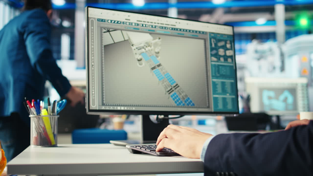 ingegnere di fabbrica fotovoltaica che utilizza il computer per migliorare l'efficienza dei pannelli solari