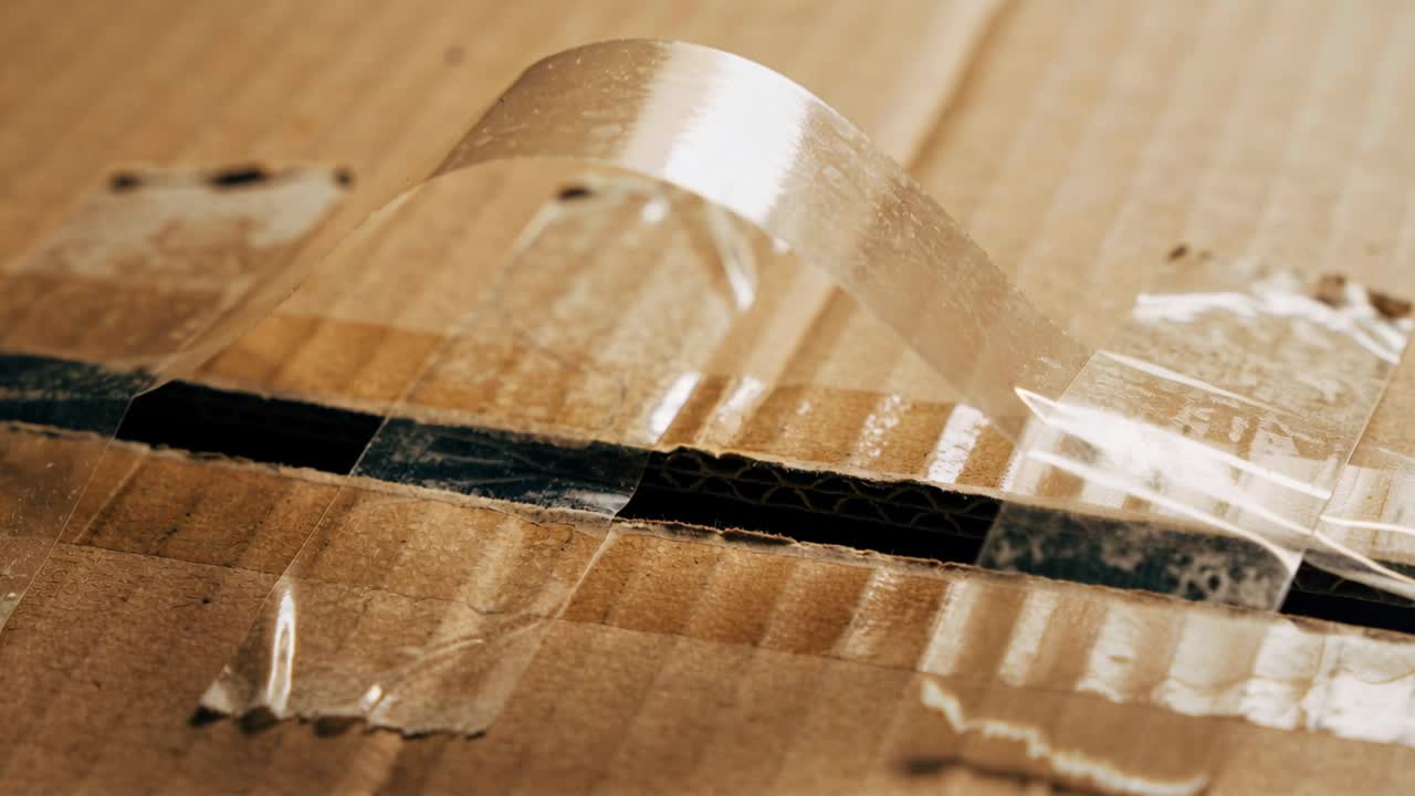 Siguiendo una cinta de embalaje transparente mientras se levanta y asienta sobre la costura central de una caja en la mesa, con el pegamento aflojándose.