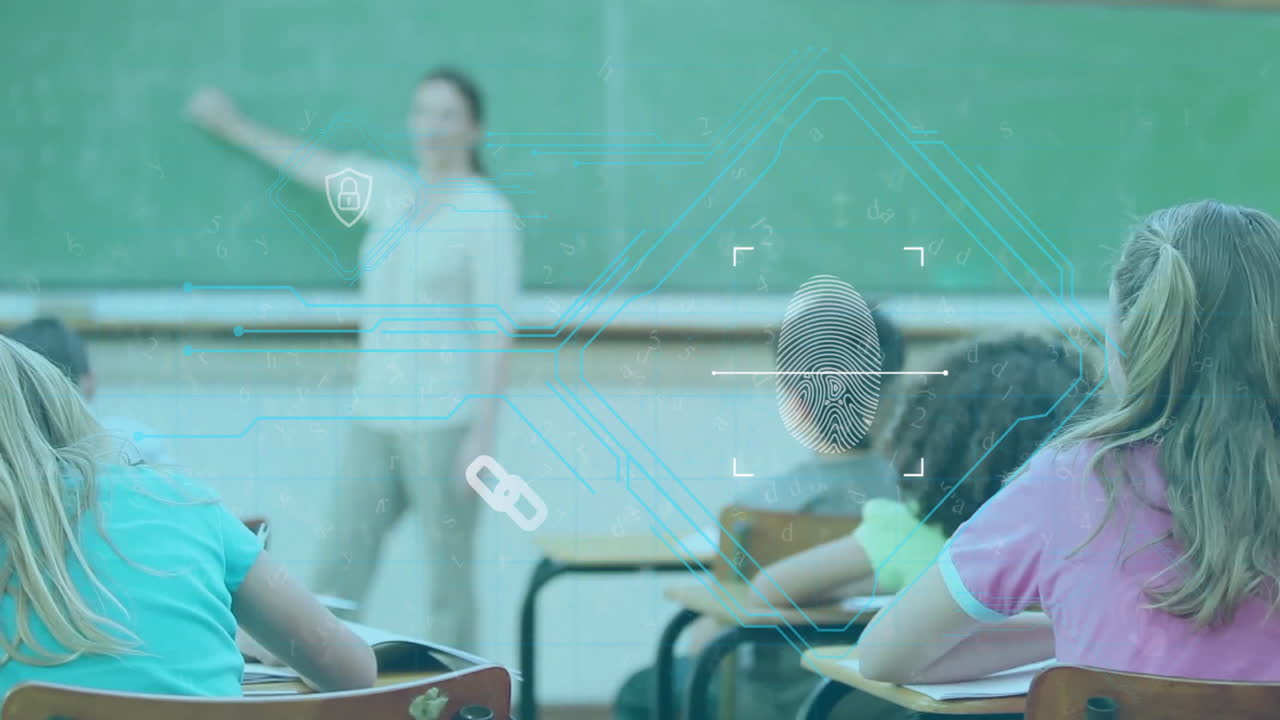 In school, teacher instructing students with fingerprint scanning animation overlay