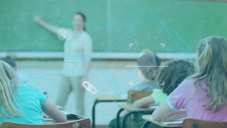 in school, teacher instructing students with fingerprint scanning animation overlay