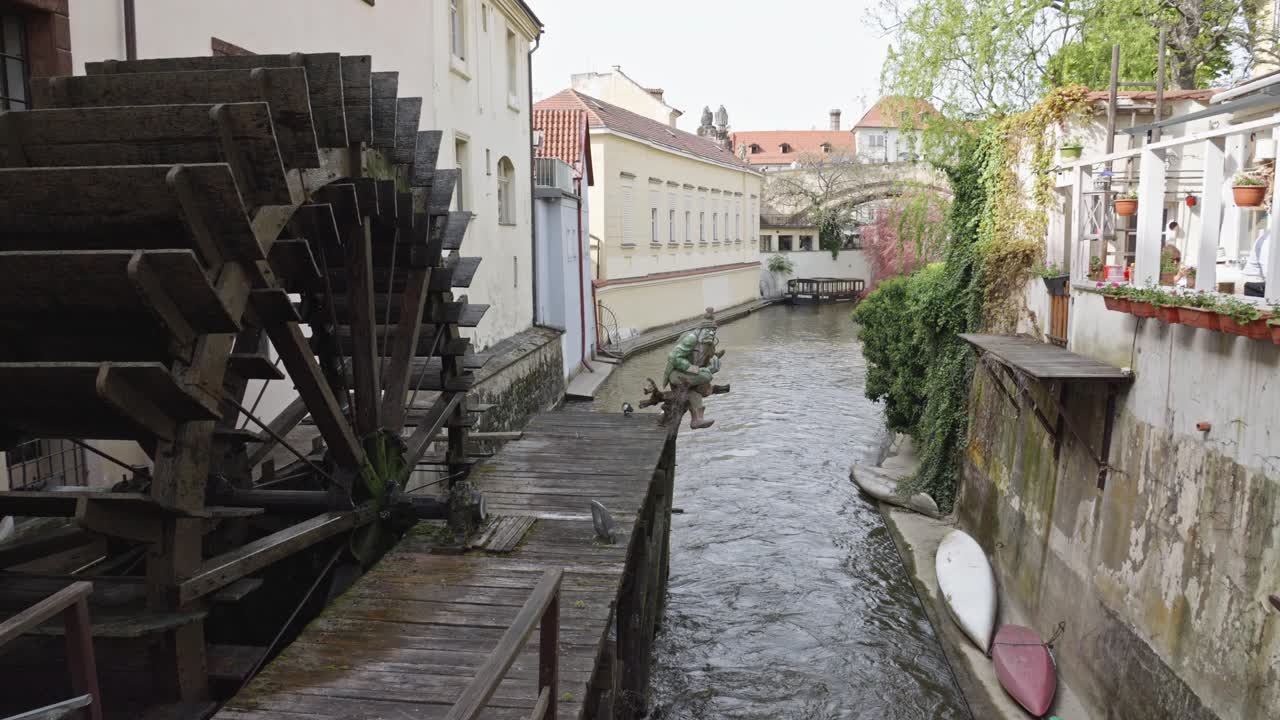 Closeup of Altes Wasserrad - Water Mill On Certovka Devil's Canal In Prague, Czech Republic