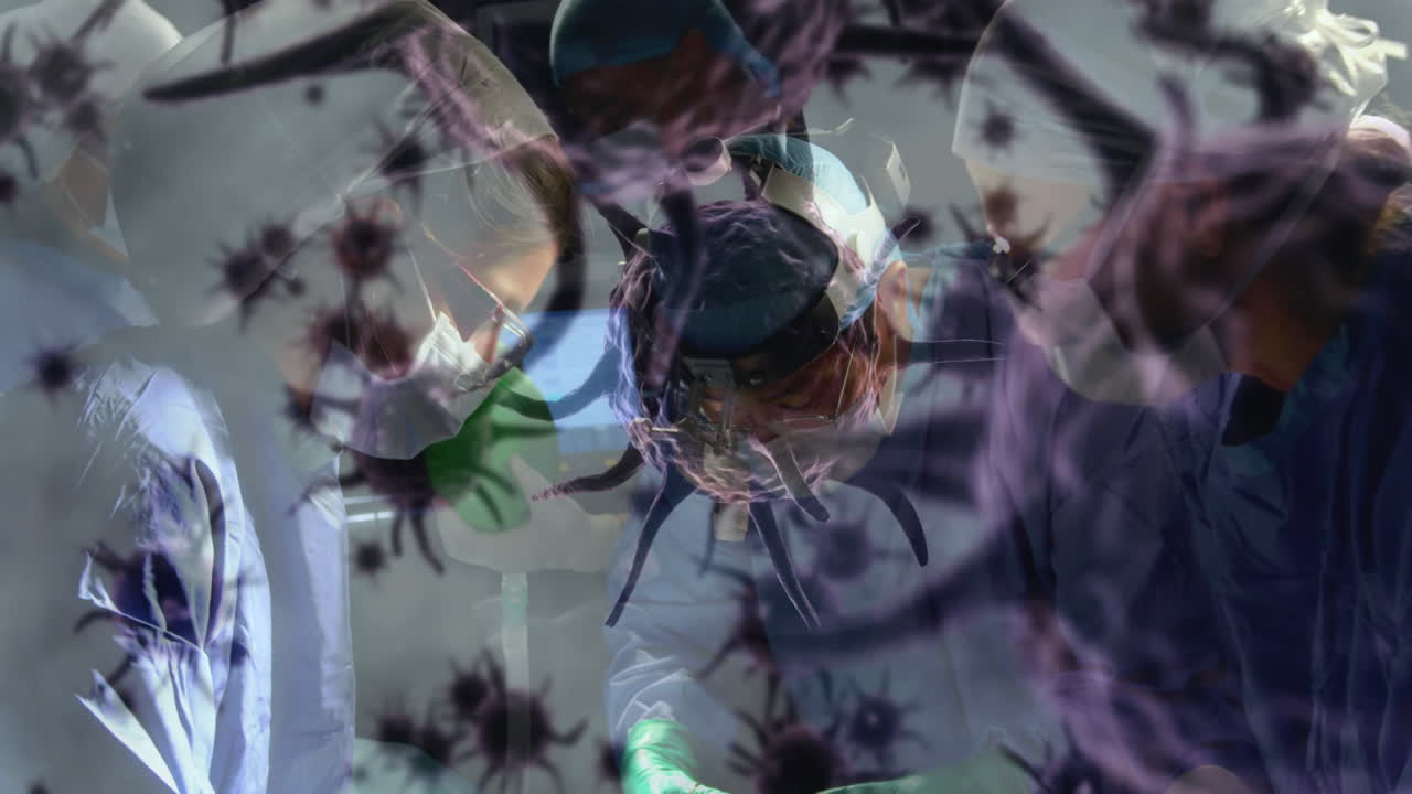 animación de las células de covid-19 sobre los médicos en el hospital