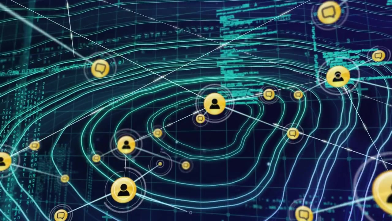 Animazione di una rete di connessioni con icone su elaborazione dati.