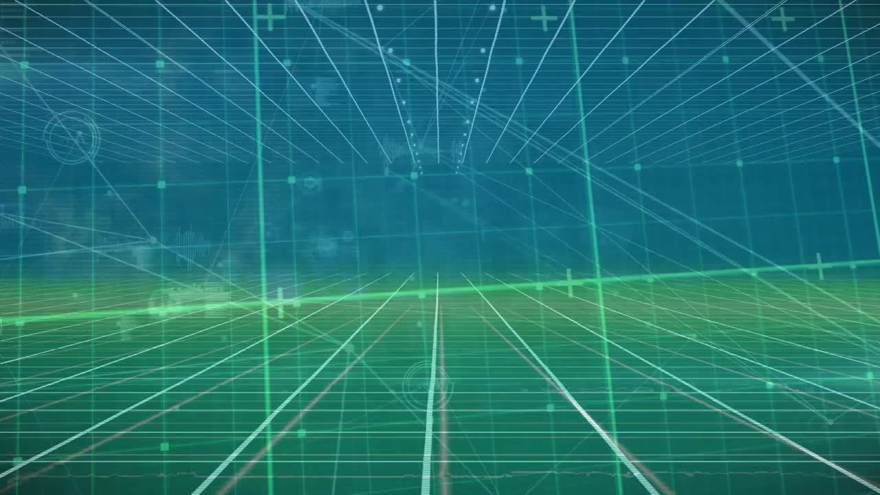 파란색과 초록색 그라디언트 배경에 대한 그리드 네트워크에 대한 연결 네트워크의 애니메이션