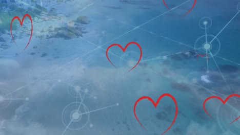 multiple red heart icons and and network of connections against clouds in the blue sky