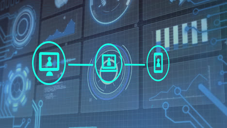 Animation of icons, connections and data processing on digital screens