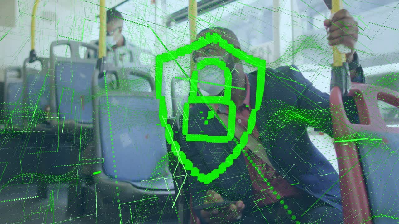 Animaatio riippulukko- ja kilpisymbolista afrikkalaisamerikkalaisen miehen päällä, joka on bussissa kasvomaskissa ja älypuhelimen kanssa