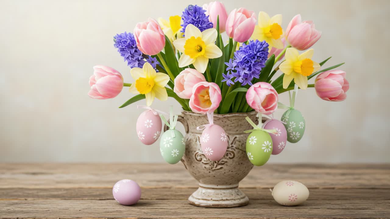A Beautiful Arrangement of Spring Flowers and Decorative Easter Eggs in a Charming Vase, Emphasizing Seasonal Colors and Festive Spirit in a Cozy Setting