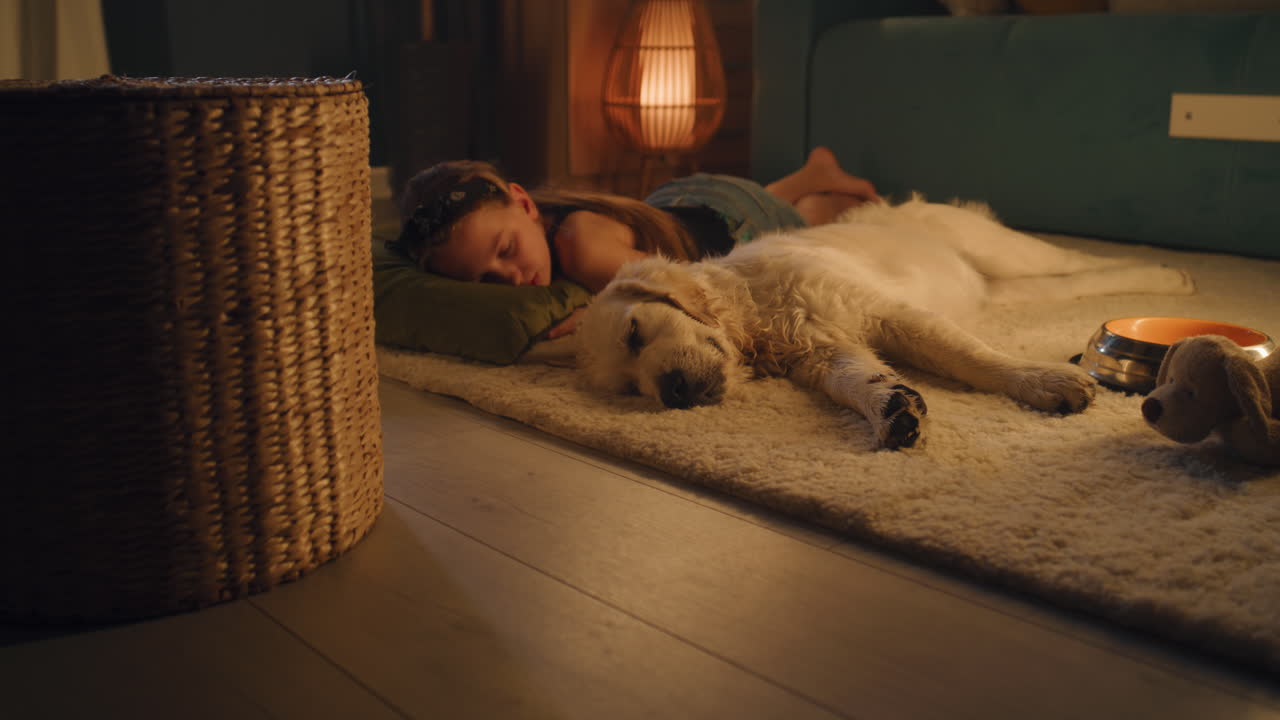 Girl and Dog Sleeping Together on Carpet