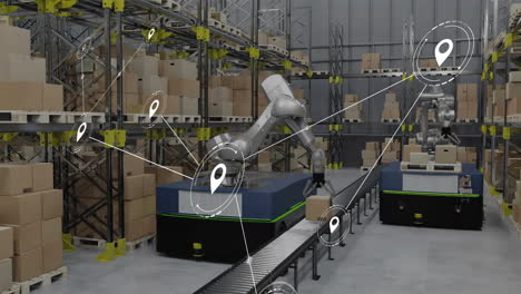animación de la red de conexiones con iconos sobre el robot en el almacén