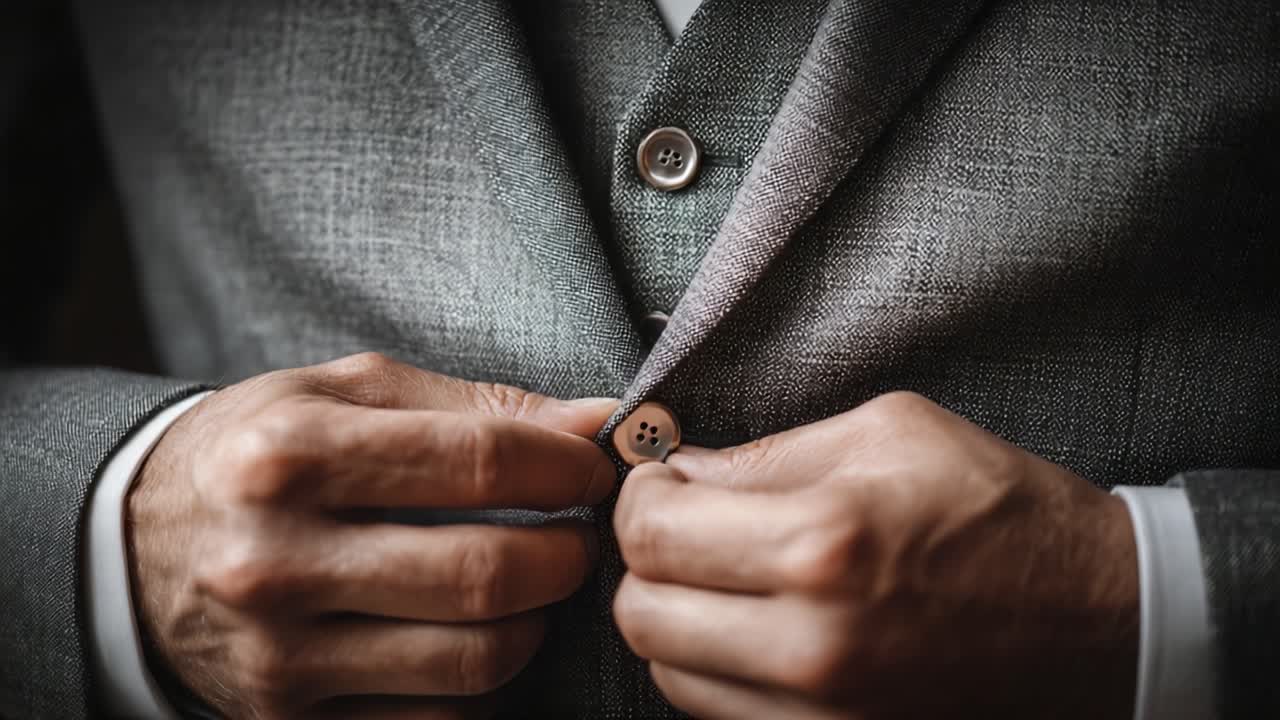 A Focused Moment of Elegance: A Gentleman's Hands Buttoning a Stylish Grey Suit, Highlighting Attention to Detail and the Art of Dressing Sharp