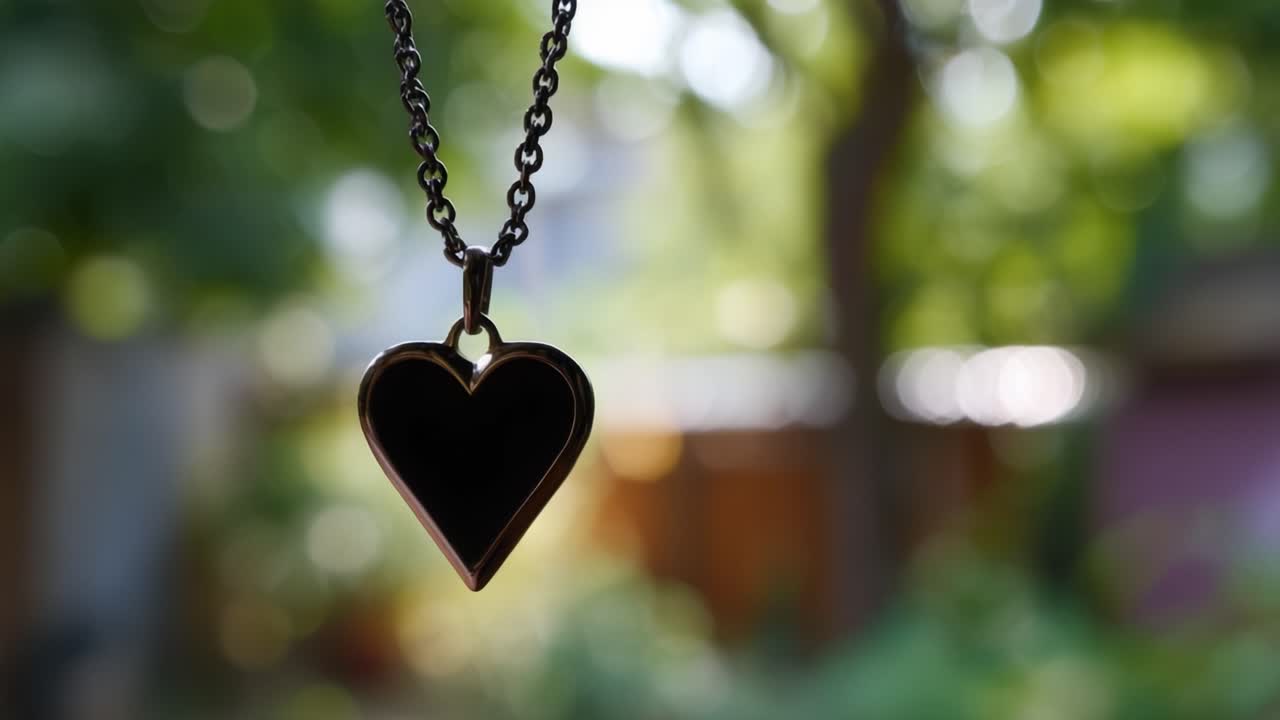 A Beautiful Heart-Shaped Pendant Hanging Elegantly on a Chain, Captured in Soft Focus Amidst a Lush Green Background of Nature's Bokeh Effect