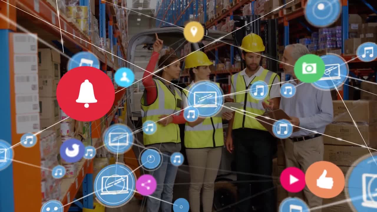 animación de la red de conexiones con iconos sobre diversas personas en el almacén