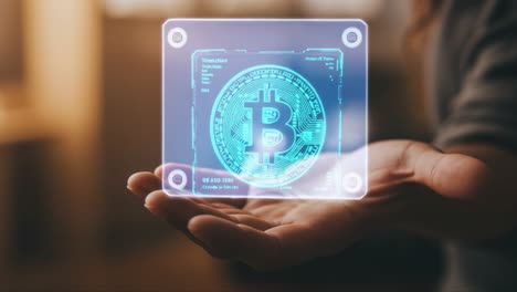 futuristic holographic devices and bitcoin in hand