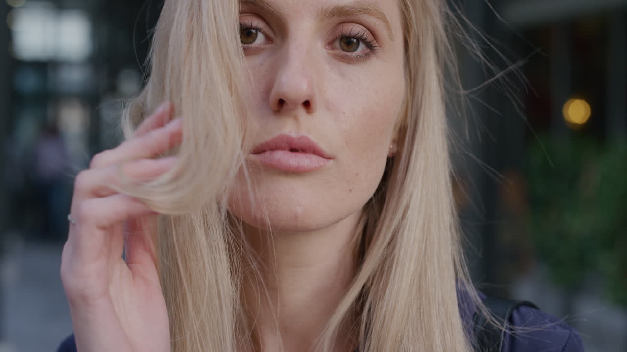 retrato de cerca joven hermosa mujer rubia corriendo mano a través del cabello lentamente buscando sensual seductora mujer en la ciudad cámara lenta