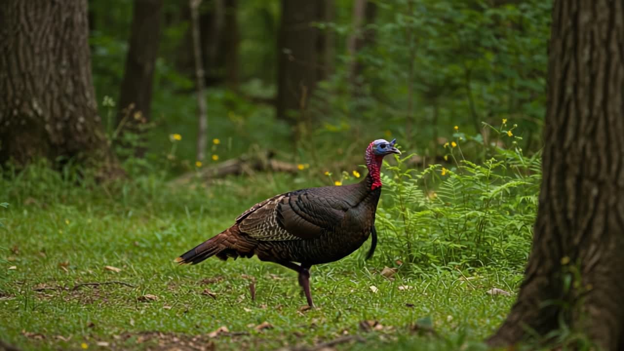 Un pavo salvaje solitario atraviesa un suelo de bosque exuberante y verde, rodeado de helechos y árboles imponentes, mostrando su vibrante plumaje y hábitat natural.