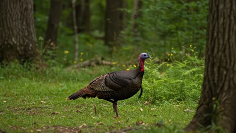 a solitary wild turkey traverses a lush, green forest floor, surrounded by ferns and towering trees, showcasing its vibrant plumage and natural habitat