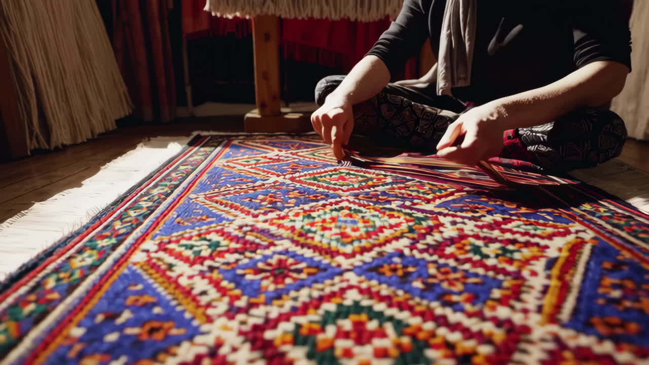 Woman Examining a Traditional Handwoven Rug