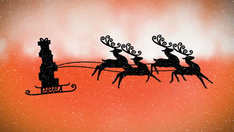 animation of presents in sleigh with reindeer over snow falling