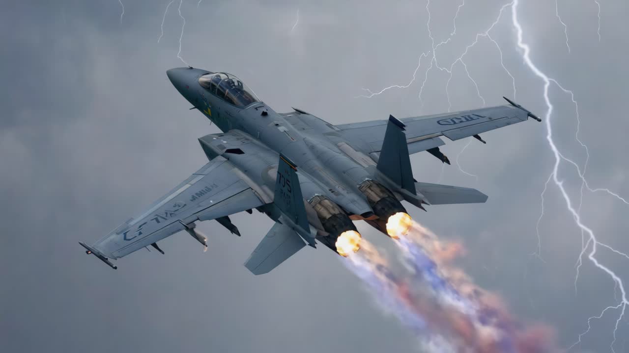 F-15 Eagle flying through a thunderstorm