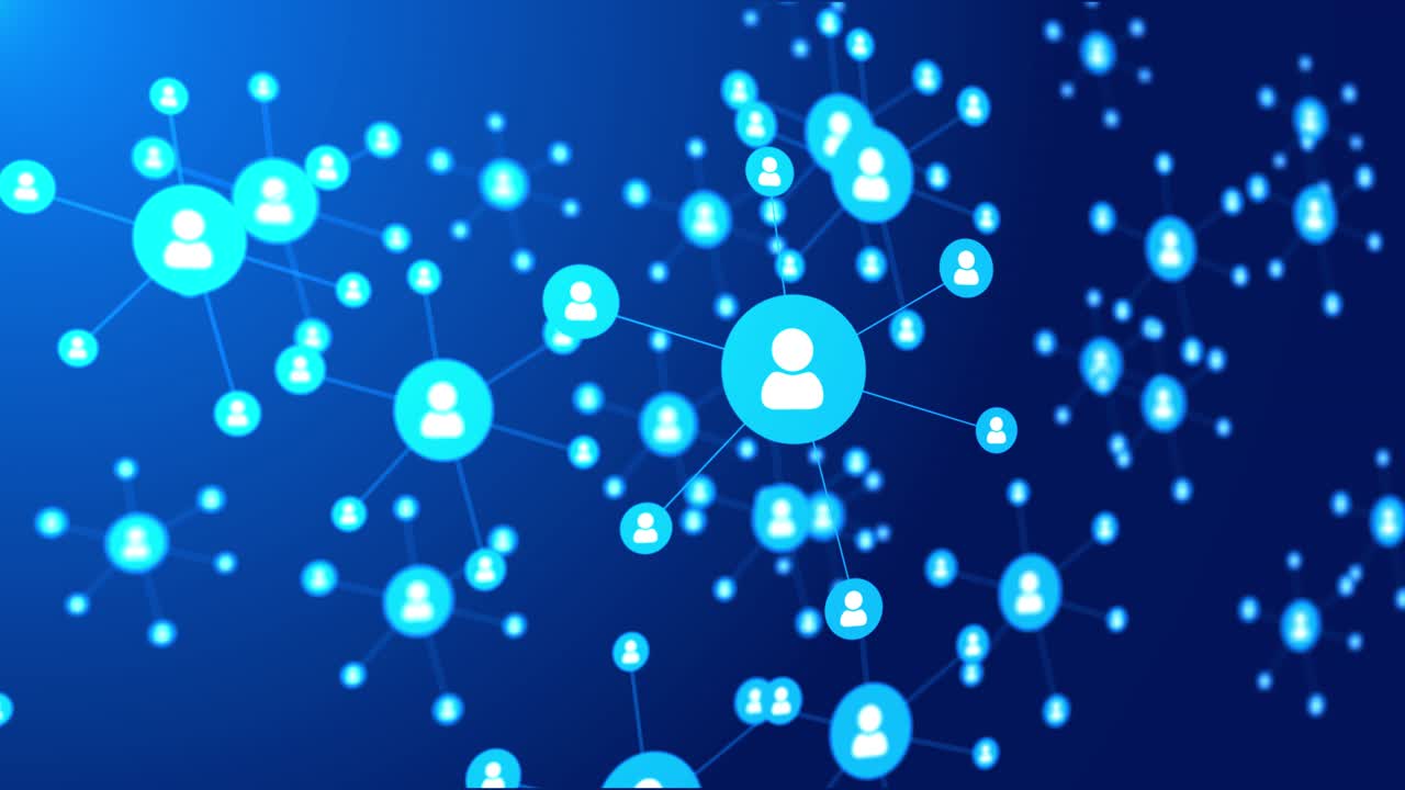 4k loop background network of connections and people icons interacting clouds on blue sky global