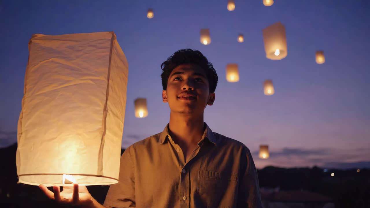 Man releasing sky lanterns at night
