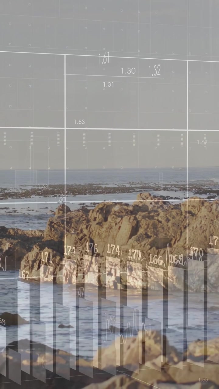 Video verticale: Sovrapposizione a impulsi che si anima su un affioramento roccioso, barre a griglia che si alzano per mostrare dati sulle maree.