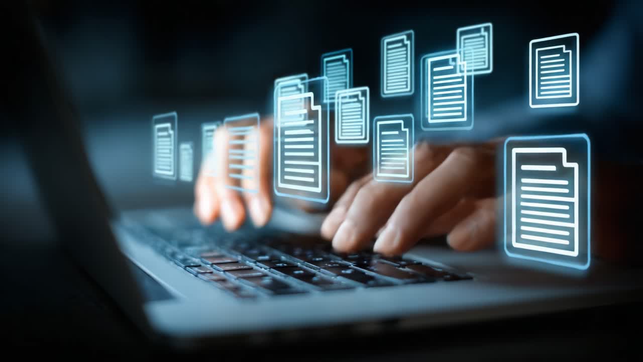 A digital workflow in action, showcasing hands typing on a laptop while holographic documents appear, representing the seamless transfer of information in the modern workspace environment