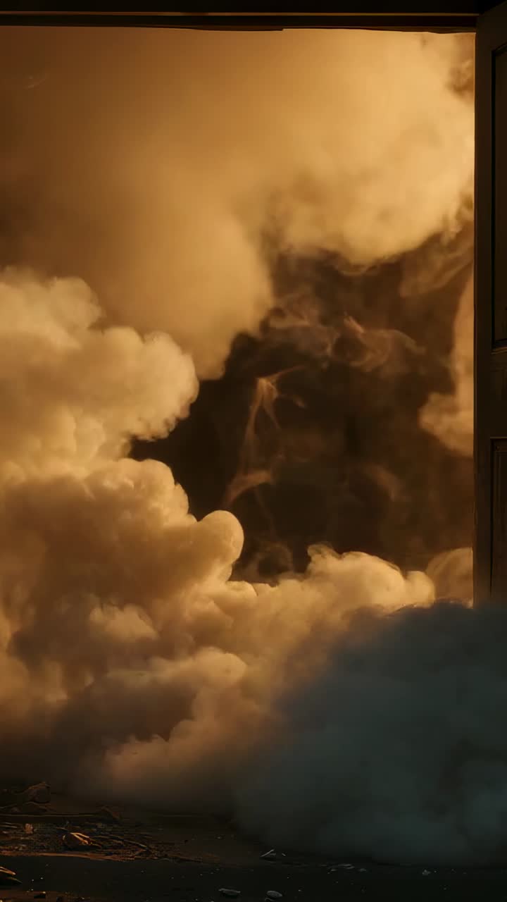 Vertical video: Dense smoke cloud rolling inward via wooden doorway, sparking from golden backlight