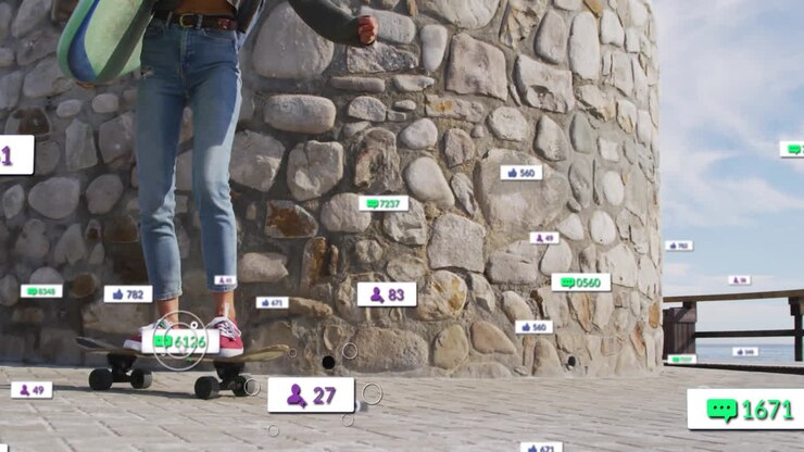 Kvinde balancerer på skateboard ved en buet væg, med surfbræt og flydende digitale marketingikoner
