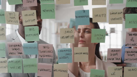 business woman using sticky notes  brainstorming ideas with colleagues problem solving using creative mind map planning strategy in office working on solution