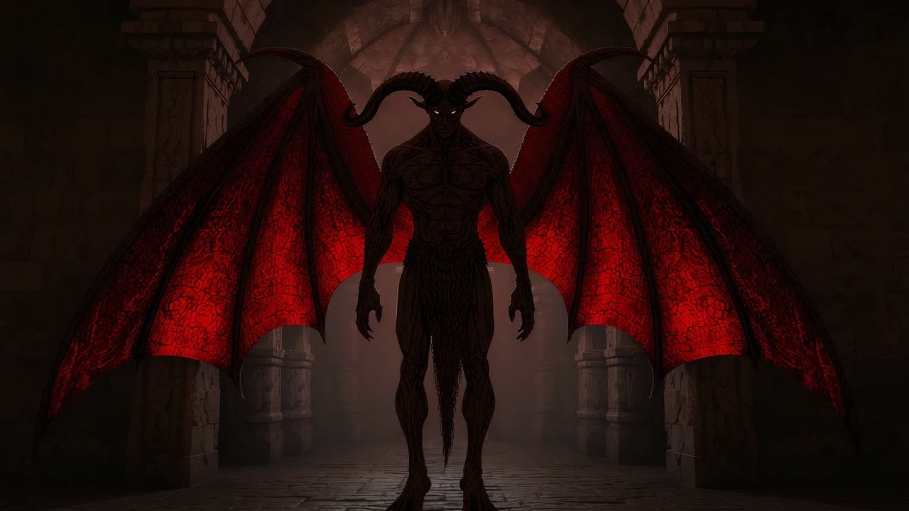 Backlighting massive horned demon standing motionless in Gothic hall, highlighting ominous presence