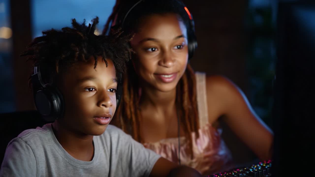 Engaged in Digital Exploration: A Sibling Pair Enjoying a Gaming Experience Together, Focused on the Screen While Wearing Headphones and Sharing Excitement in Their Virtual Adventure