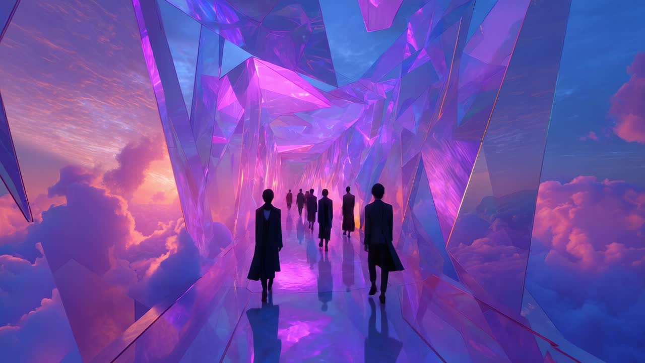 Futuristic Crystal Tunnel with People Walking