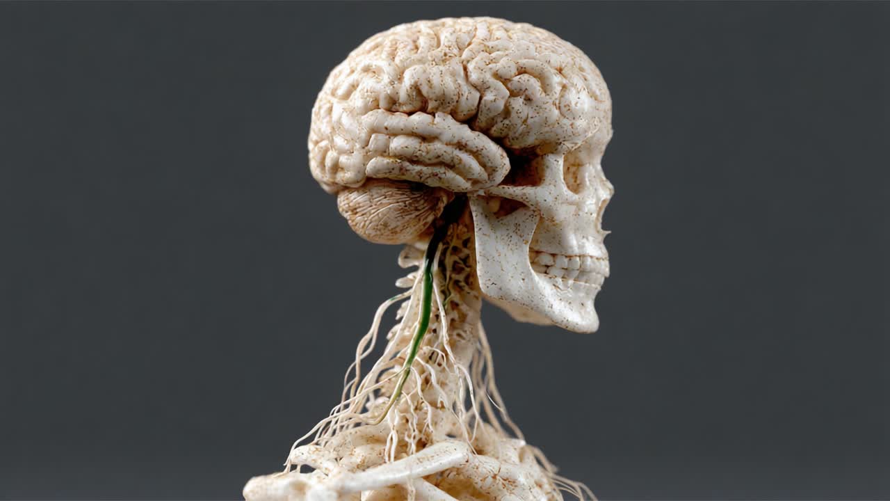 An Intriguing Exploration of Human Anatomy: A Unique Visual Presentation of a Skeleton Model and Brain with Illustrative Neural Pathways
