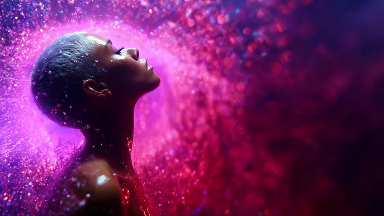 A Captivating Burst of Color: A Solemn Portrait of a Woman Awash in Ethereal Light and Glittering Particles, Capturing the Essence of Beauty and Serenity in Motion