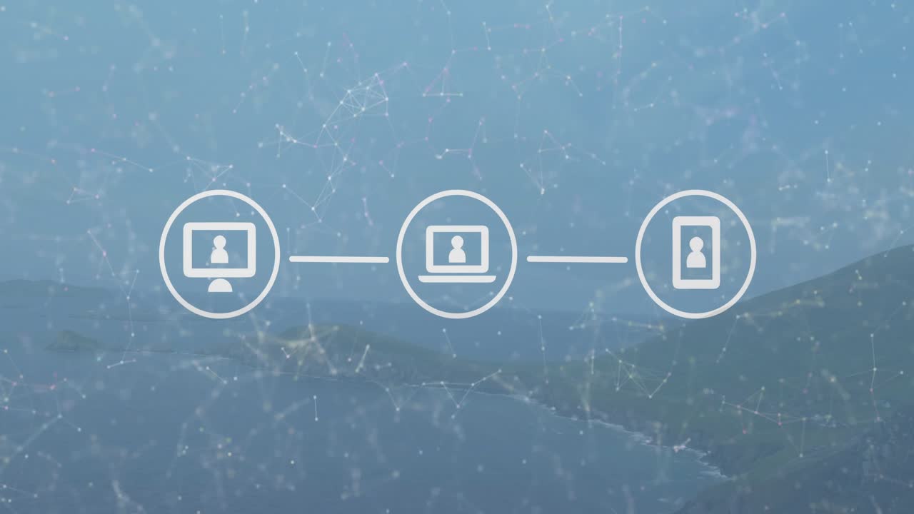 Three device icons floating over blue coastal view, connecting user silhouettes with network lines