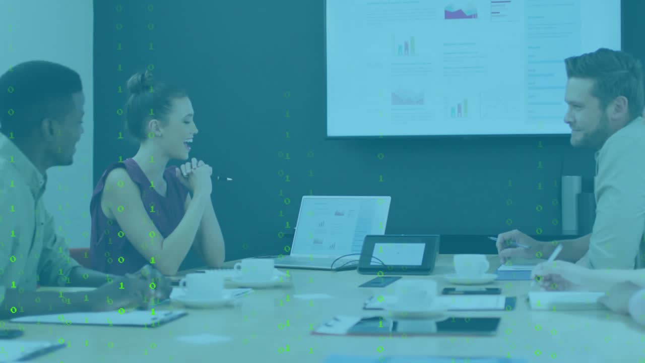 Three business professionals initiating presentation when woman raising pen, noting chart updates