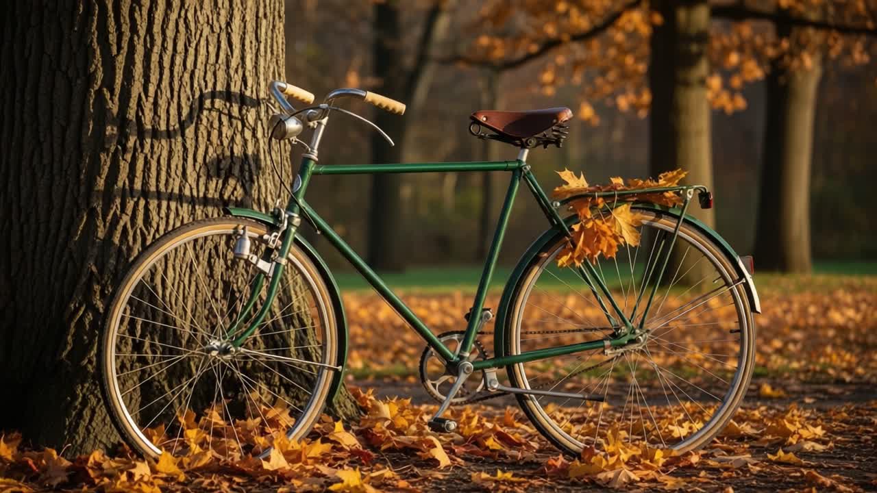 A Classic Bicycle Surrounded by Autumn Leaves: Capturing the Serenity of Fall's Embrace in Nature's Colorful Palette