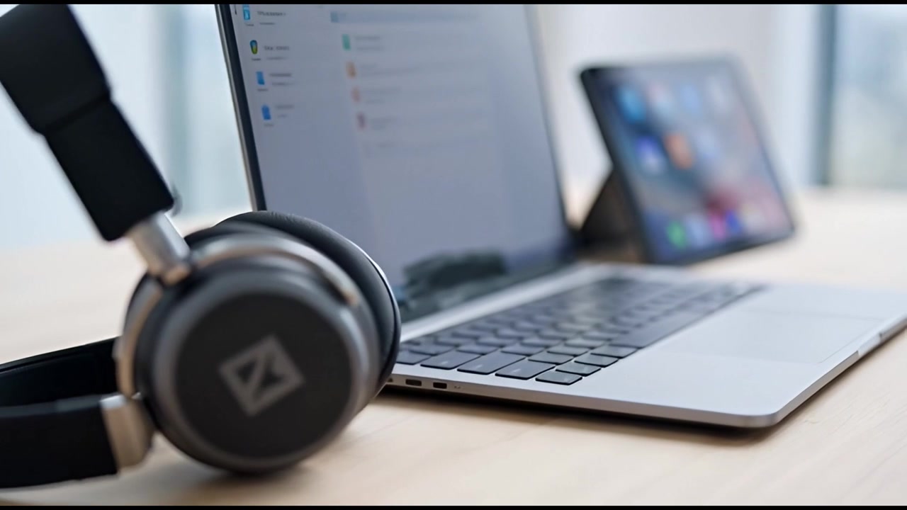 Modern Workspace with Laptop, Tablet, and Headphones on a Wooden Desk