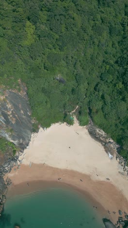 a stunning aerial top view of butterfly beach, goa, featuring golden sands and clear waters. people relax and enjoy the serene beach, while lush green hills create a breathtaking natural backdrop