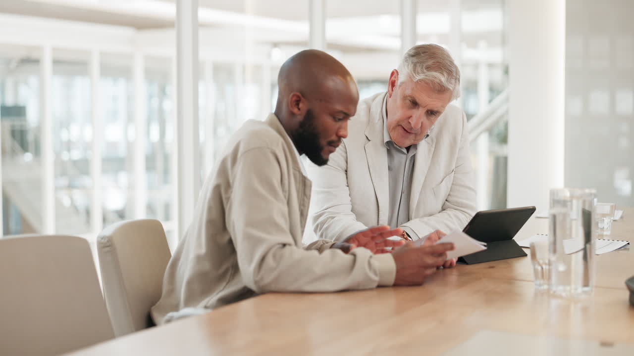 Documents, tablet or financial advisor with black