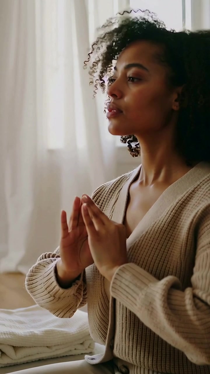 Vertical video: Raising hands woman in cardigan checking centering palms at table by window towels