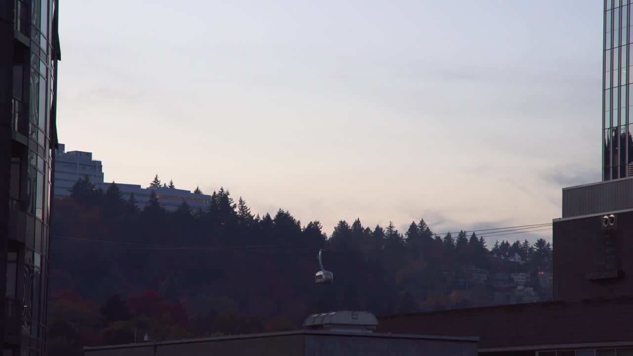 tranvía aéreo activo en el crepúsculo, bandada de pájaros vuela a través de la escena, tiro estático apretado