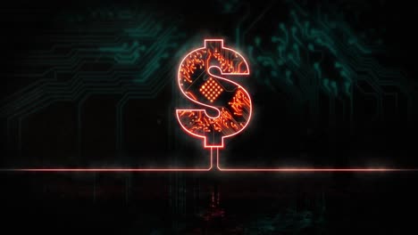 animación de un signo de dólar naranja brillante sobre el zócalo del procesador azul